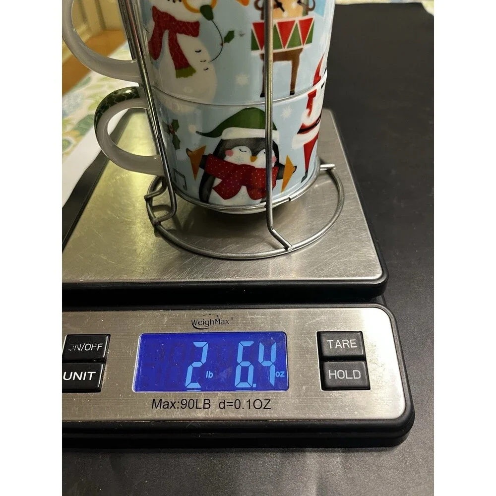Pier 1 Stackable Santa Snowman Christmas Mugs w Metal Holder